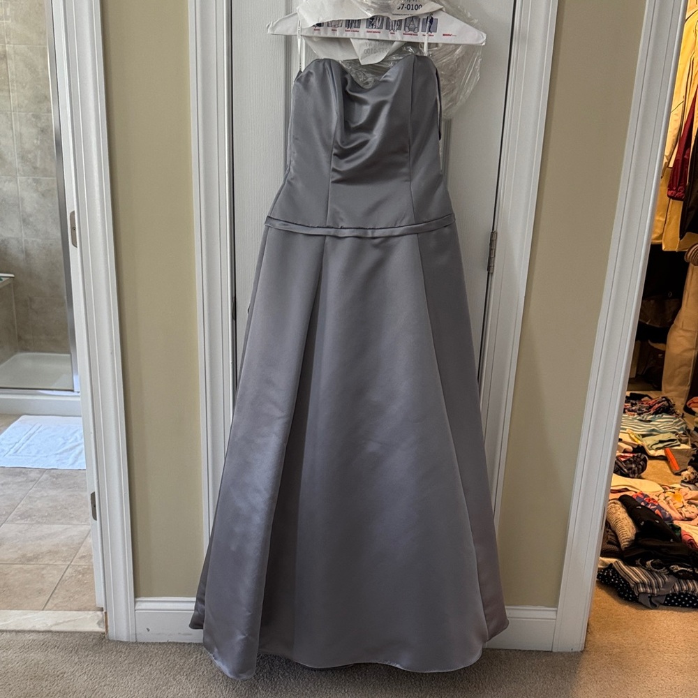 Formal silver satin ball gown
